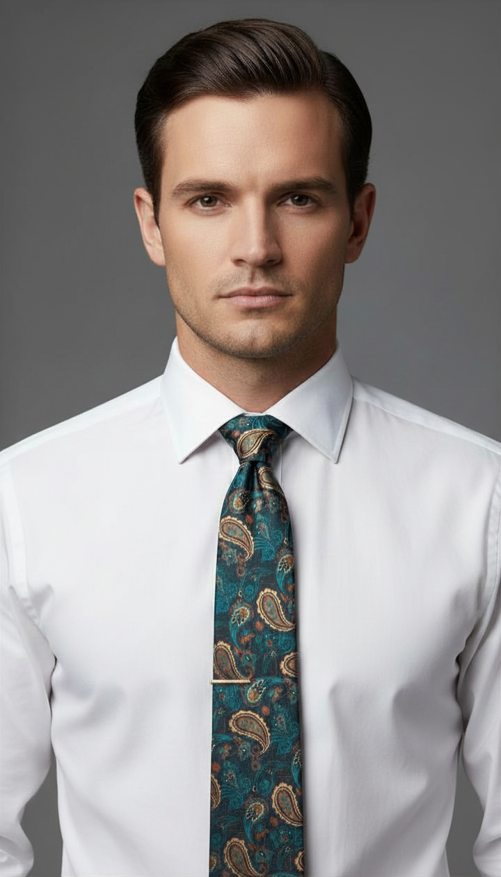 Gold, Teal, and Turquoise Paisley on Charcoal Grey Necktie
