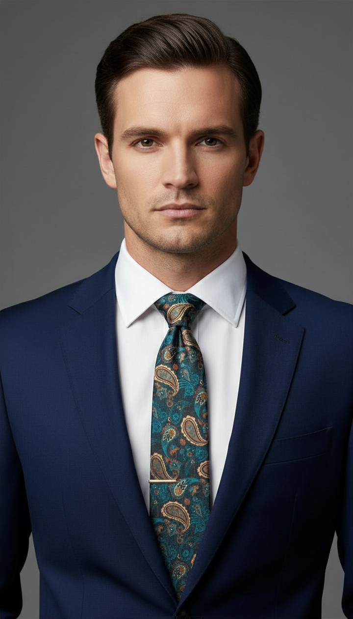 Gold, Teal, and Turquoise Paisley on Charcoal Grey Necktie