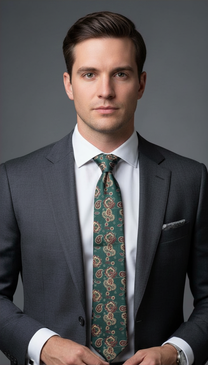 Cream, Gold, and Burgundy on Deep Green Cherry Blossom Paisley Necktie
