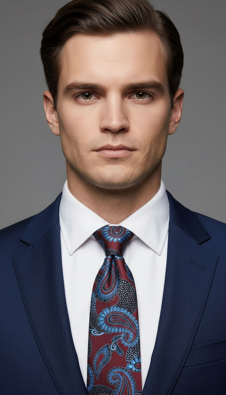 Baby Blue and Burgundy Paisley on Burgundy Necktie