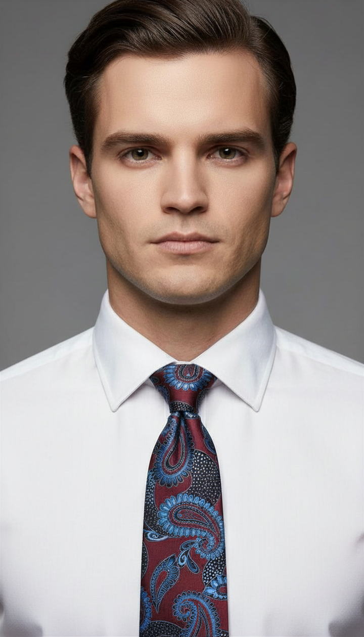 Baby Blue and Burgundy Paisley on Burgundy Necktie