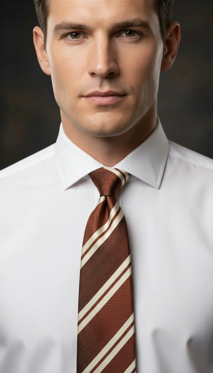 White and Brown Stripes on Brown Necktie